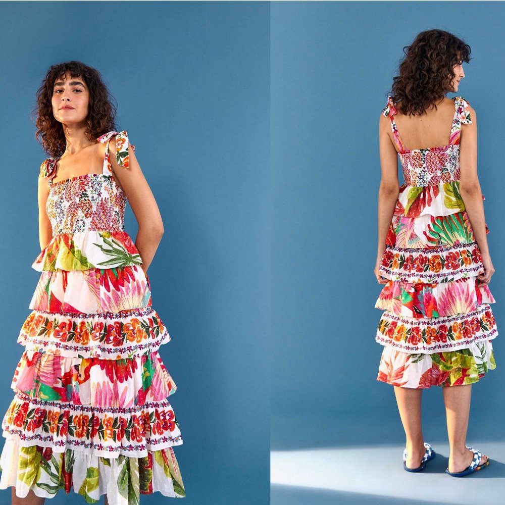 🥭 FARM Rio Mixed White Prints Layered Midi Dress